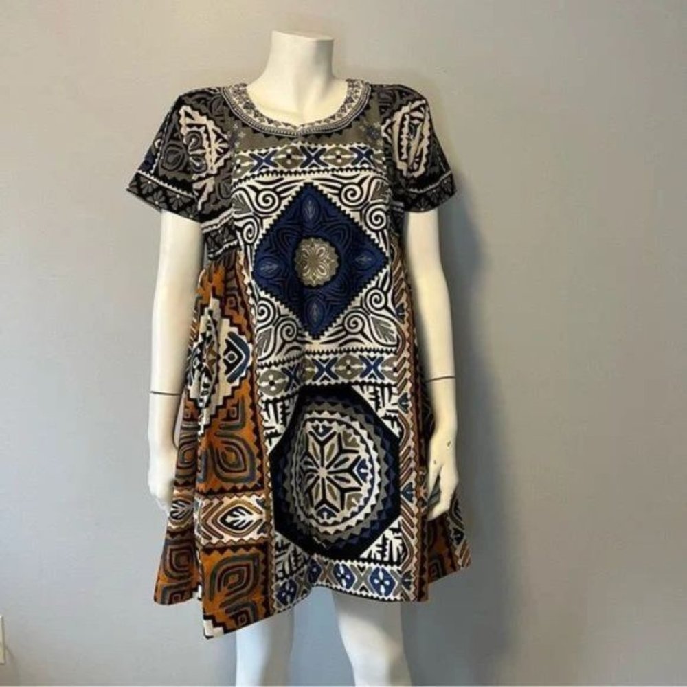 Hand Stitched Tribal print pleated side panel summer dress one size